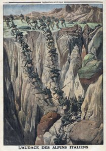 प्रथम विश्व युद्ध 1914-1918 (युद्ध 14-18)। इतालवी सैनिक इटली में फ़िएमे आल्प्स में कौरिओल के शिखर पर चढ़ते हैं। "" ले पेटिट जर्नल "में, 8 अक्टूबर द्वारा अनाम अनाम