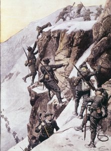 प्रथम विश्व युद्ध: इतालवी अल्पाइन शिकारी (अल्पिनो या अल्पिनी) टकेटस्पिट्ज़ (टकेट-स्पिट्ज या टकेट चोटी) के शिखर पर चढ़ते हुए, आल्प्स लगभग 1915 "ला डोमेनिका डेल कोरिएरे" से चित्रण द्वारा अनाम अनाम