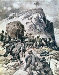 प्रथम विश्व युद्ध: "" इतालवी अल्पाइन शिकारी (अल्पिनो या अल्पिनी) कोरियोल, इतालवी आल्प्स के शीर्ष पर चढ़ना"" 1916 "ला डोमेनिका डेल कोरिएरे" से चित्रण" द्वारा अनाम अनाम