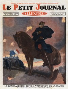 प्रथम विश्व युद्ध: घोड़े की पीठ पर जनरल जोसेफ जोफ्रे (1852-1931) का चित्र, ला मार्ने (सितंबर 1914) के युद्ध के मैदान पर विजेता के रूप में प्रतिनिधित्व करते हुए "कॉन्स्टेंटाइन फॉन्ट द्वारा एक पेंटिंग से चित्रण। 1931 के "ले पेटिट जर्नल इलस्ट्रियस&q द्वारा अनाम अनाम