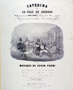 टिएट्रो अल्ला स्काला (1847) में प्रतिनिधित्व के लिए पुगनी द्वारा कैटरिना या बैंडिट की बेटी के संगीत स्कोर के लिए फ्रंटिसपीस द्वारा अनाम अनाम