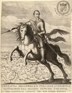 गुस्तावस II एडॉल्फ़स, जिसे ग्रेट या उत्तर के शेर के रूप में जाना जाता है (1594-1632), स्वीडन के राजा, पोमेरानिया के नक्शे की सवारी करते हुए - पृष्ठभूमि में पोमेरानिया के नक्शे से पहले गुस्तावस एडॉल्फ़स - अनाम - 1630 - कॉपर उत्कीर्णन - 30.4x23 , 9 - निजी सं द्वारा अनाम अनाम