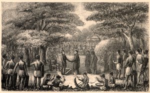 किंग लेबुस्ची, हेनरी डेपेलचिन (1822-1900), जेसुइट मिशनरी और अफ्रीका में अपर ज़ाम्बेज़ मिशन के पहले श्रेष्ठ का स्वागत करते हैं। लुई-यूजीन (लुई यूजीन) लौवेट द्वारा "लेस मिशन कैथोलिक्स औ XIXeme सिकल" में उत्कीर्णन। निजि संग्रह। द्वारा अनाम अनाम