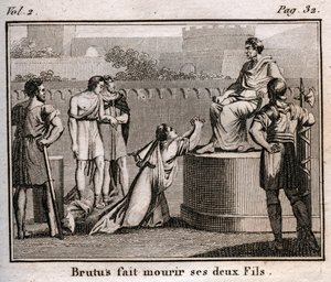 LUCIUS JUNIUS BRUTUS ने अपने ही बेटों को टारक्विन को बहाल करने की साजिश रचने के लिए मौत की निंदा की, रोम के निष्कासित राजाओं, 509 ईसा पूर्व - "" द रोलिन ऑफ यूथ या प्राचीन और रोमन कहानियों के चुने हुए टुकड़े" से उत्कीर्णन 1816 - निजी संग्रह द्वारा अनाम अनाम