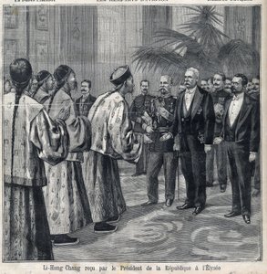 एलिसी पैलेस में रिपब्लिक फेलिक्स फॉरे (1841-1899) के राष्ट्रपति द्वारा ली होंगज़ांग का स्वागत किया गया। "ले पेटिट पेरिसियन" में उत्कीर्णन द्वारा अनाम अनाम