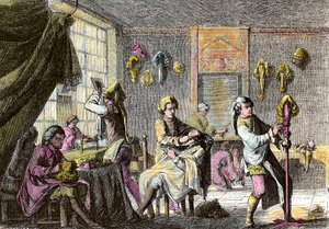 लुई XV फैशन: एक विग नाई के इंटीरियर का दृश्य। 1755 के आसपास उत्कीर्णन। निजी संग्रह द्वारा अनाम अनाम