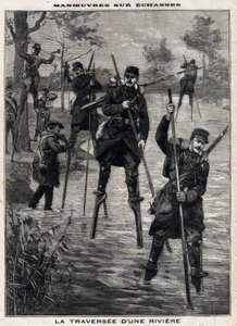 ईचेस पर युद्धाभ्यास: फ्रांसीसी सेना द्वारा मोंट डे मार्सन (मोंट-डी-मार्सन) के लिए एक नदी को पार करना, एक टेलीग्राफिक लाइन स्थापित करने के लिए लैंडेस एचासियर्स द्वारा निर्देशित। उत्कीर्णन। 17/12/1899 को "" ले पेट्रो पेरिसियन "" में। निजि द्वारा अनाम अनाम