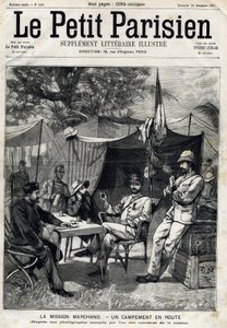 मारचंद मिशन कैंप: जीन-बैप्टिस्ट (जीन बैप्टिस्ट) मारचंद (1863-1934), उनके बाईं ओर कैप्टन बाराटियर और उनके दाईं ओर लेफ्टिनेंट विक्टर इमैनुएल लार्गो (1867-1916) और कैप्टन जर्मेन। 26/12/1897 को "" ले प्यूट पेरिसियन "" में। निजि संग्रह द्वारा अनाम अनाम
