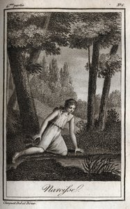 चार्ल्स अल्बर्ट डेमोस्टियर (1760-1801) द्वारा "लेट्रेस ए एमिली सुर ला मिथोलॉजी" में 1819 के अपने प्रतिबिंब (नारसीसो) को उकेरते हुए नार्सिस। निजि संग्रह। द्वारा अनाम अनाम