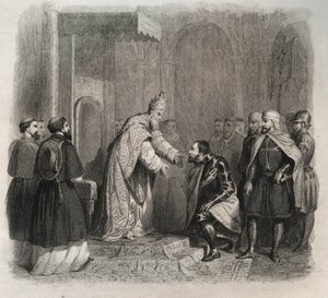 पोप सेंट पायस वी (पियस या पियो) (1566-1572) लेपेंटे की लड़ाई के विजेता को प्राप्त करते हुए। 1846 से "संतों के जीवन" में उत्कीर्णन। निजि संग्रह। द्वारा अनाम अनाम