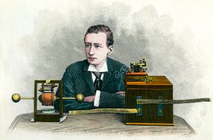 गुग्लिल्मो मार्कोनी (1874-1937) का पोर्ट्रेट, इतालवी भौतिक विज्ञानी, टेलीग्राफ के आविष्कारक। 1900 के आसपास उत्कीर्ण निजी संग्रह En द्वारा अनाम अनाम