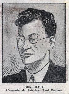 पॉल गोर्गुलोव या गोरगुलॉफ़ (1895-1932) का पोर्ट्रेट, फ्रांसीसी राष्ट्रपति पॉल डौमर (1857-1932) का हत्यारा। "" L'Illustious du petit जर्नल" में उत्कीर्णन द्वारा अनाम अनाम