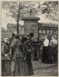 सार्वजनिक स्वच्छता: पेरिस के निवासी 15वें arrondissement में स्थापित फिल्टर पानी के फव्वारे में से एक का उपयोग करते हैं। इन फव्वारों में चेम्बरलैंड पाश्चर सिस्टम फिल्टर है। 1892 के "ले मोंडे इलस्ट्री" में उत्कीर्णन। निजी संग्रह। द्वारा अनाम अनाम