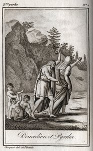 Deucalion और Pyrrha का प्रतिनिधित्व, मानव जाति को नष्ट करने के लिए ज़ीउस के कारण हुए जलप्रलय के बाद एकमात्र जीवित बचे। जलप्रलय के बाद थेमिस उन्हें अपनी माँ की हड्डियों (पृथ्वी के पत्थर) को पीछे फेंक कर सिर ढक कर चलने के लिए कहते हैं। द्वारा अनाम अनाम