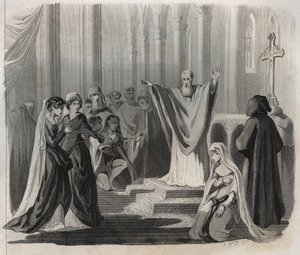 सेंट डंस्टन (ca. 909-988), कैंटरबरी की ईव, बेनिदिक्तिन और इंग्लैंड में मठवासी जीवन के सुधारक, लोगों को अपनी आसन्न मृत्यु की घोषणा करते हुए। 1846 से "संतों के जीवन" में उत्कीर्णन। निजि संग्रह। द्वारा अनाम अनाम