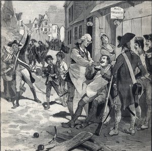 1792 में लिली की घेराबंदी: एक ग्राहक को दाढ़ी बनाने के लिए दाढ़ी के पकवान के रूप में बम चकनाचूर का उपयोग करते हुए मेस विग। 16/10/1892 को "" ले पेटिट पेरिसियन "" में उत्कीर्णन। निजि संग्रह द्वारा अनाम अनाम