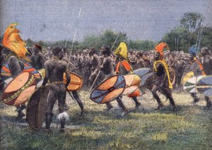 पूर्व अमेरिकी राष्ट्रपति थियोडोर रूजवेल्ट का अभियान (1858 - 1919) अफ्रीका के लिए: युगांडा में योद्धा नृत्य। उत्कीर्णन। 24/04/1910 को "" ले पेटिट पेरिसियन "" समाचार पत्र में से एक। निजि संग्रह। द्वारा अनाम अनाम