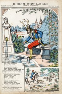 हिरण खुद को पानी में देख रहा है। जीन डे ला फॉन्टेन (लाफोंटेन) (1621-1695) द्वारा लेस फेबल्स के लिए बेनामी चित्रण। पोंट-ए-मूसन का चित्र, लगभग १८८०। निजी संग्रह। द्वारा अनाम अनाम