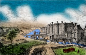 किंग चार्ल्स वी द वाइज (1338-1380) के तहत अपनी आसपास की दीवारों के साथ बैस्टिल का दृश्य, उत्कीर्णन, निजी संग्रह द्वारा अनाम अनाम