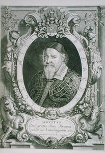 अगस्त द यंगर (1579-1666) ड्यूक ऑफ ब्राउनश्वेग-वोल्फेंबुएटेल-लुएनबर्ग, 'पोर्ट्रेट्स डेस होम्स इलस्ट्रेस' से, कोएनराड वुमन्स द्वारा उकेरा गया, 1706 में प्रकाशित (उत्कीर्णन)