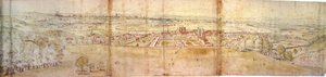 ग्रीनविच हिल से ग्रीनविच पैलेस और लंदन, c.1544 (कलम, स्याही, चॉक और कागज पर wc)