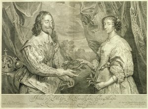 1634, 1742 की पेंटिंग के बाद जॉर्ज वर्ट्यू (1684-1756) द्वारा उत्कीर्ण चार्ल्स I (1600-49) और हेनरीटा मारिया (1609-69) द्वारा एंथोनी वैन डाइक
