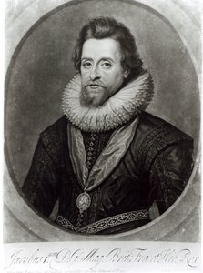 1617 के निकोलस हिलियार्ड (1547-1619) द्वारा एक लघु अवधि के बाद जेम्स I (1566-1625) का चित्रण, जॉर्ज वर्ट्यू (1684-1756) द्वारा उत्कीर्ण द्वारा एंथोनी वैन डाइक
