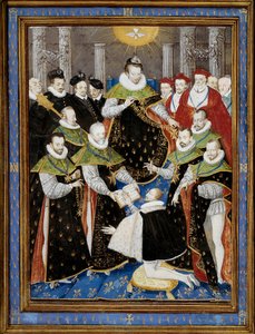 किंग हेनरी III (1551-1589) 1587 में ऑर्डर ऑफ द होली स्पिरिट (ऑर्डर ऑफ द होली स्पिरिट) के पहले समारोह की अध्यक्षता करते हुए एंटोनी कैरन (1521-1599) के बाद विलियम रिचर्डियर (16 वीं शताब्दी) द्वारा लघुचित्र 1587 चान्तिली, मुसी कोंडे - किंग हेनरी तृतीय (15 .) द्वारा एंटोनी (बाद में) कैरोनो