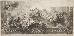 निकोलस हेनरी टार्डियू (1674-1749) द्वारा उकेरी गई पैलेस रॉयल की ग्रैंड गैलरी की छत के केंद्र पैनल का डिजाइन द्वारा एंटोनी (के बाद) कोयल