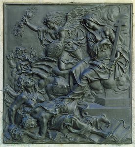 फ्रांस के फरिश्ते को खदेड़ना, लुइस XIV की मूर्ति की पीठ से विस्तार, c.1687 (कांस्य)