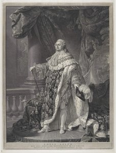 ले सैक्रे - चार्ल्स-क्लेमेंट बर्विक (1756-1822) द्वारा उत्कीर्ण कोरोनेशन रेगलिया में राजा लुई सोलहवें का चित्र द्वारा एंटोनी फ्रेंकोइस (बाद) कैल्ट