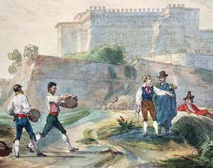 रज़िका बजाना, एंटोनी जीन-बैप्टिस्ट थॉमस (1791-1834) द्वारा, रोम और उसके आसपास में एक वर्ष से रंगीन लिथोग्राफ