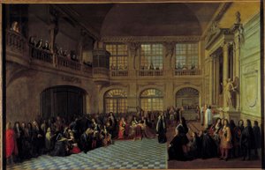 18/12/1695 को वर्साय के शैटॉ के चैपल में, नॉट्रे डेम डू मोंट कार्मेल और सेंट लाजर के पुनर्मिलन आदेशों के ग्रैंड मास्टर, मार्क्विस डी डांगेउ की शपथ प्राप्त करते हुए राजा लुई XIV। फिलिप डी कौरसिलन, मार्क्विस डी डांगेउ (1638-172 .) द्वारा एंटोनी पेज़े