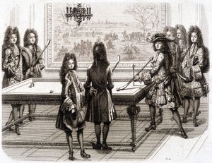 लुई XIV प्लेइंग बिलियर्ड्स (महाशय (राजा के भाई), ड्यूक ऑफ वेंडोम, काउंट ऑफ टूलूज़, चामिलार्ट, ले रोई, एम. डी'आर्मगैंक, ड्यूक ऑफ चार्ट्रे के साथ) - ट्रौवेन द्वारा उत्कीर्ण प्रिंट