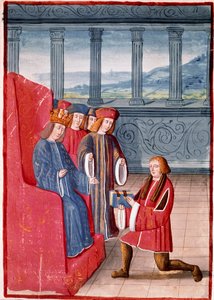 लेखक अपनी पुस्तक फ्रांस के राजा चार्ल्स VIII (1470-1498) को "क्रॉनिकल्स डी फ्रांस" से लघुचित्र प्रस्तुत करते हुए एंटोनी वेरार्ड (1450-1519) बिब्लियोटेका नाज़ियोनेल, ट्यूरिन द्वारा सचित्र