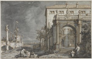 बीकासियो: ए पैलेस विथ ए कोर्टयार्ड बाय द लैगून, सी। 1750-1755। द्वारा जियोवानी एंटोनियो कैनाल (कैनेटेटो)