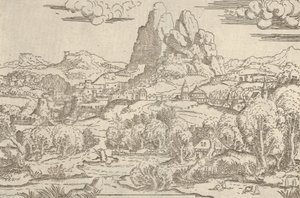लैंडस्केप फ्रॉम वीनस पुशिंग क्यूपिड फ्रेम, 1540-45। द्वारा एंटोनियो फैंटुज़ी