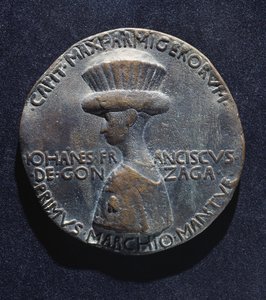 जियानफ्रांसेस्को गोंजागा (1395-1444) का कांस्य पदक, अग्रभाग, एंटोनियो डि पुसियो पिसानो द्वारा डिजाइन किया गया, जिसे पिसानेलो (1395-1455 लगभग) के रूप में जाना जाता है, व्यास 10,20 सेमी द्वारा एंटोनियो पिसानेलो