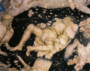 शिवालरेस्क विषय, एंटोनियो पिसानेलो (1395-1455), फ्रेस्को द्वारा टूर्नामेंट-लौवेज़रप की लड़ाई से विस्तार। मंटुआ में पलाज्जो डुकाले। द्वारा एंटोनियो पिसानेलो