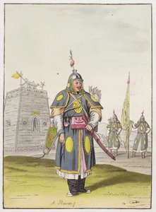 पूर्ण युद्ध पोशाक में चीनी सैनिक, Giulio Ferrario द्वारा &39;ले कॉस्टयूम Ancien et Moderne&39; का चित्रण, c.1820s-30s प्रकाशित द्वारा एंटोनियो रंचति