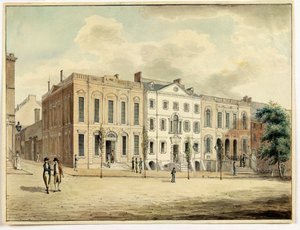 वॉल एंड विलियम स्ट्रीट, न्यू यॉर्क सिटी, 1798 के उत्तर-पूर्वी कोने (कागज पर स्याही और स्याही)