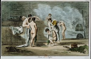 रूसी पुरुष एक सौना में, रूसी मुद्रा और सीमा शुल्क से, 1821 (रंगीन लिथो)