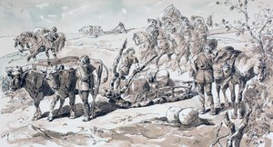 बैलों से 1827 में एक आदिम स्लेज लदी ड्राइंग ऑक्सन द्वारा आर्मंड जीन हेन्स
