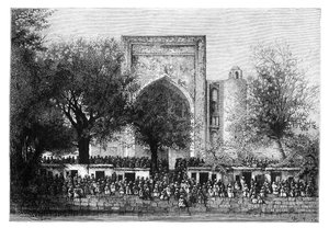 1895 में उज्बेकिस्तान के बुखारा में मस्जिद से पहले एक सभा। द्वारा अरमानंद कोहल