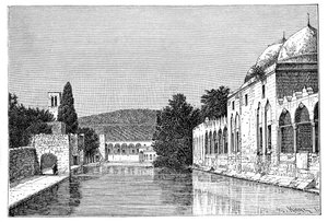 मस्जिद और इब्राहीम का फव्वारा, तैय्यबा, वेस्ट बैंक, इज़राइल, 1895 में।