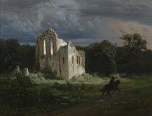 खंडहर के साथ चाँदनी परिदृश्य द्वारा Arnold Böcklin