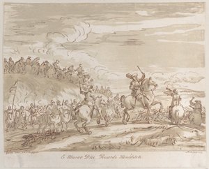 घोड़े की पीठ पर तलवार उठाते हुए एक केंद्रीय आकृति के साथ कैवेलरी, 1735., 1735, चार्ज की ओर बढ़ रही है।