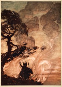 जैसे ही वह धीरे-धीरे दूर जाता है, वोतन मुड़ता है और ब्रूनहिल्डे, 1910 में उदास रूप से वापस देखता है। द्वारा आर्थर रैकहम