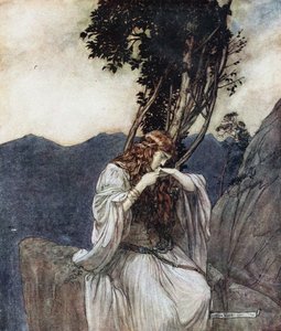 Brünnhilde अंगूठी कि Siegfried उसके साथ छोड़ दिया है चूम लेती है। सीगफ्राइड और ट्वी के लिए चित्रण द्वारा आर्थर रैकहम