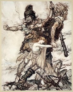 Fasolt अचानक Freia को जब्त कर लेता है और उसे Fafner, 1910 के साथ एक तरफ खींच लेता है। द्वारा आर्थर रैकहम